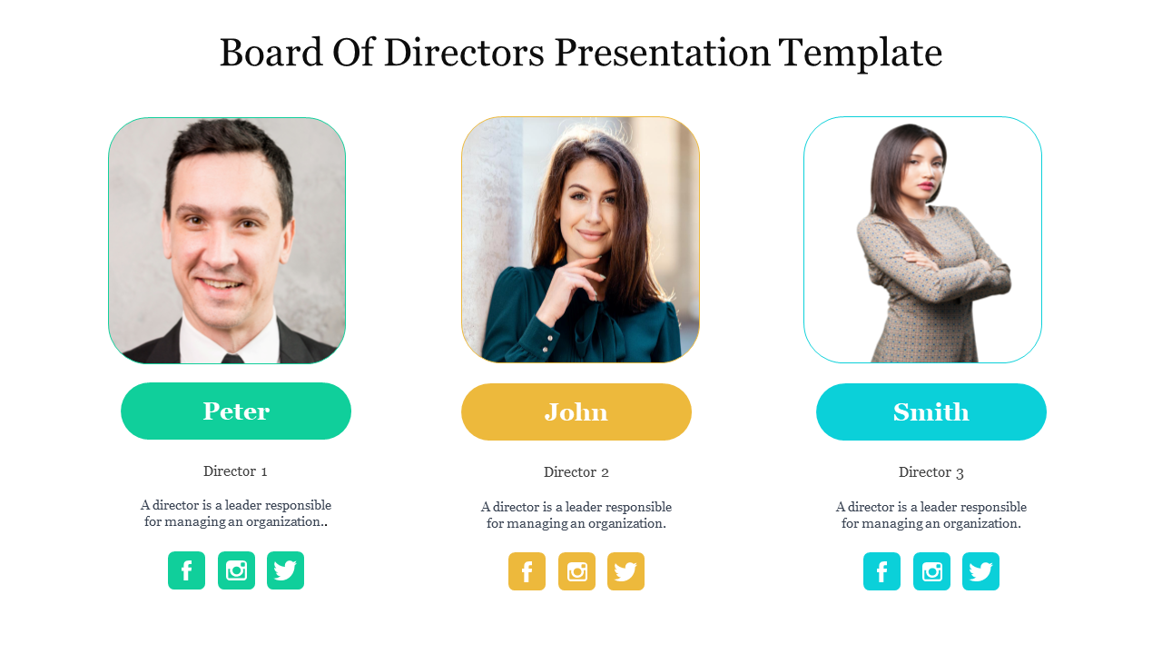 Slide with three framed portrait of directors above colored name buttons in green, yellow, and teal, with social media icons.