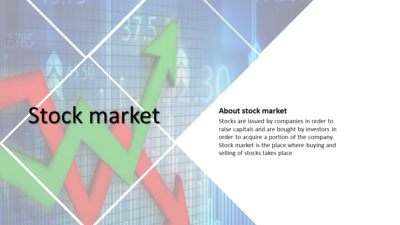 Stock chart background with red and green arrows, intersected by white diamond grid and text on right.