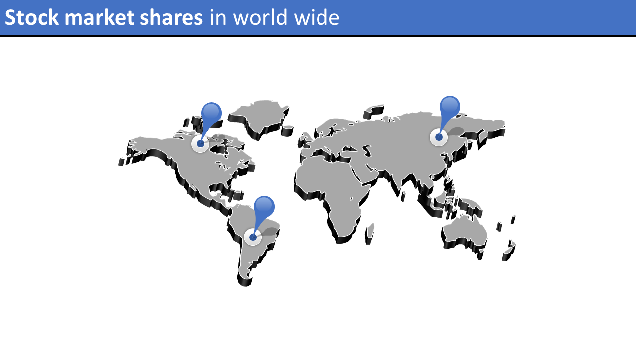 Gray 3D world map with three large blue location pins marking points on different continents, on a white background.