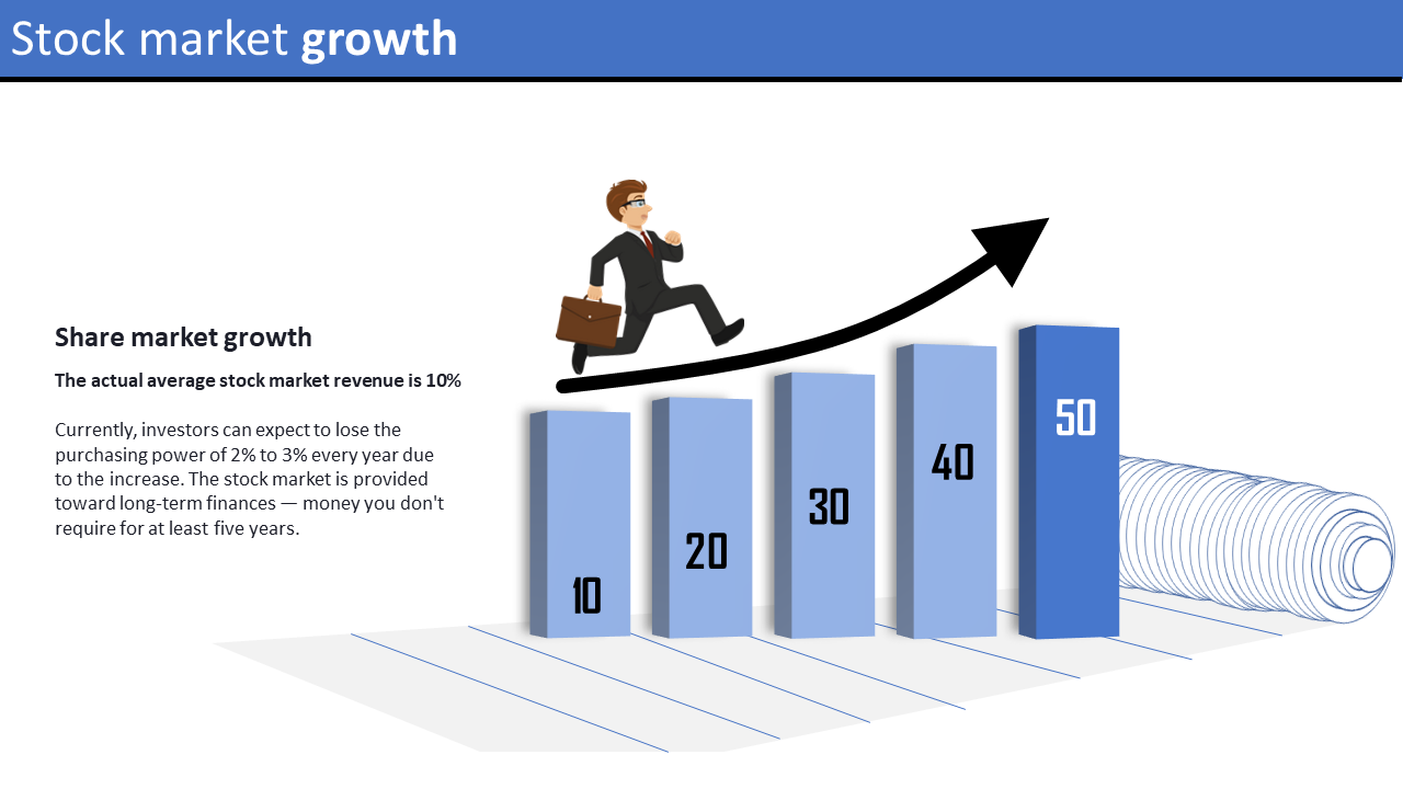 Blue 3D bar chart ascending from left to right with a black arrow and cartoon businessman climbing over.