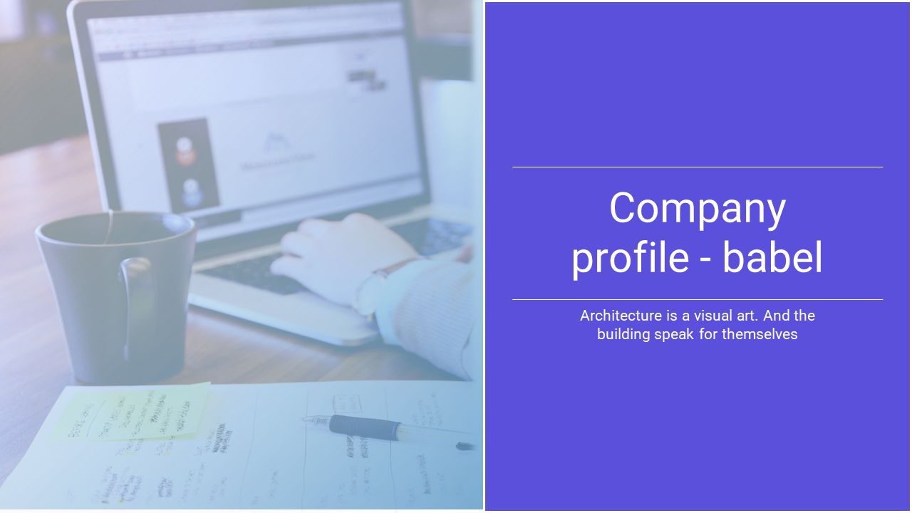 Split layout with blurred image of a hand on a laptop on left and solid purple panel on right with centered white text.