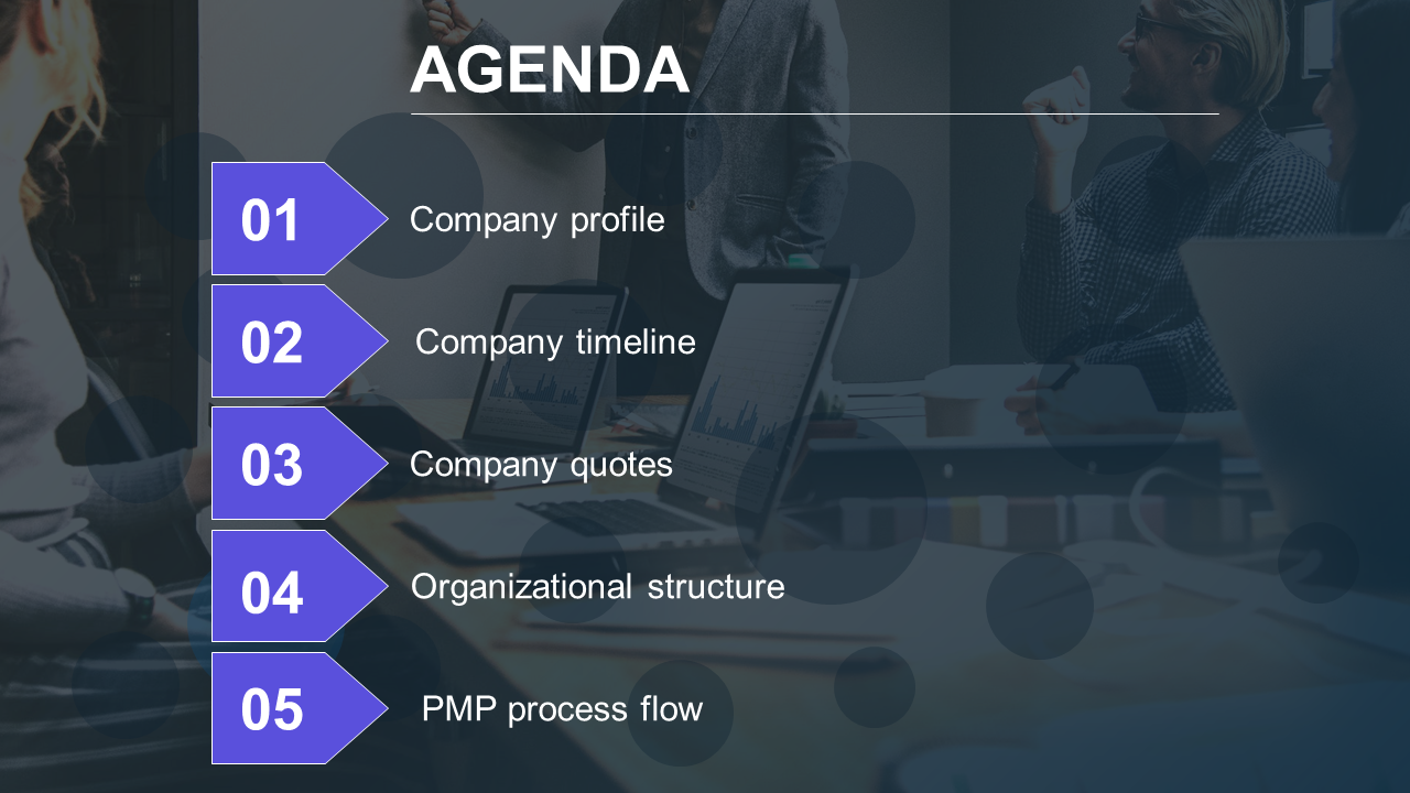 Slide with gradient overlay, featuring five agenda numbers in purple arrows, on a background of people in a meeting.