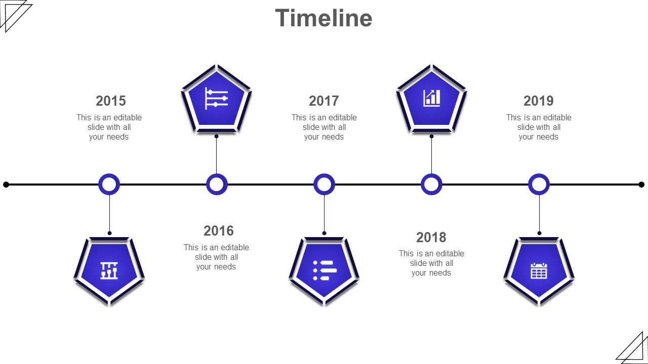 Horizontal timeline with blue pentagon icons from 2015 to 2019, alternating above and below a black line.