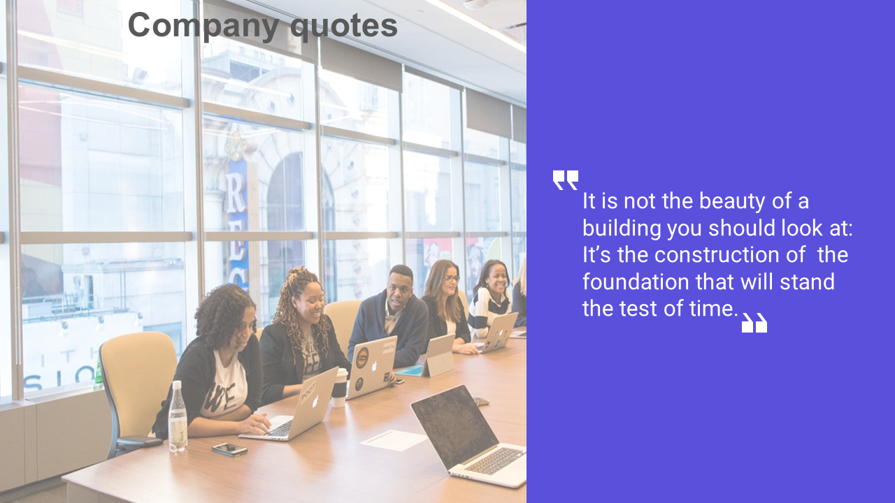 Split layout with a meeting room photo on left and a purple panel on right featuring a white quote with quotation marks.