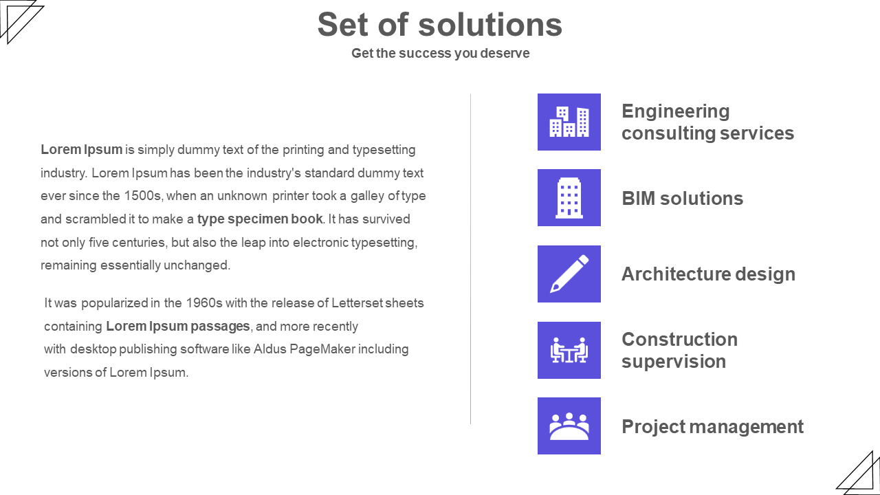 Split layout with left text block and five icons in purple squares, aligned vertically with minimalist triangle corners.