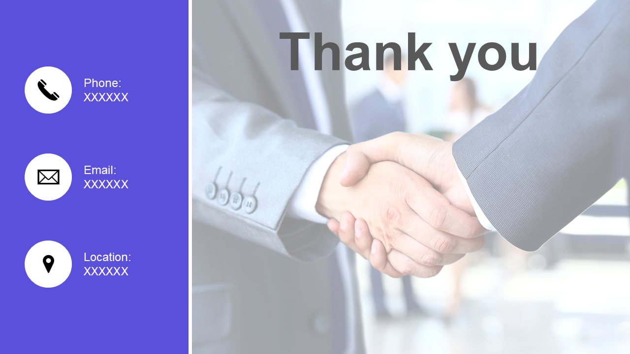 Thank you slide showing handshake image on blurred background and left panel in purple with three white circular icons.