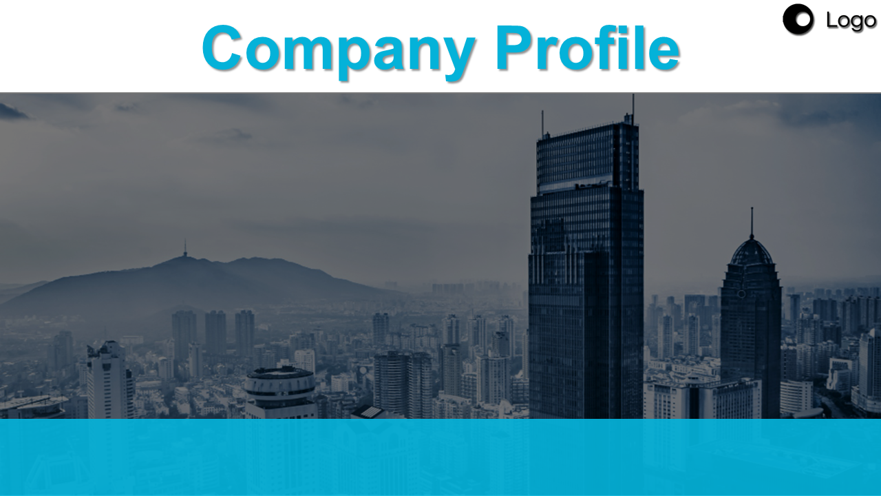 Company profile title in bold on white background, with city skyline and mountain view overlaid by a transparent blue bar.