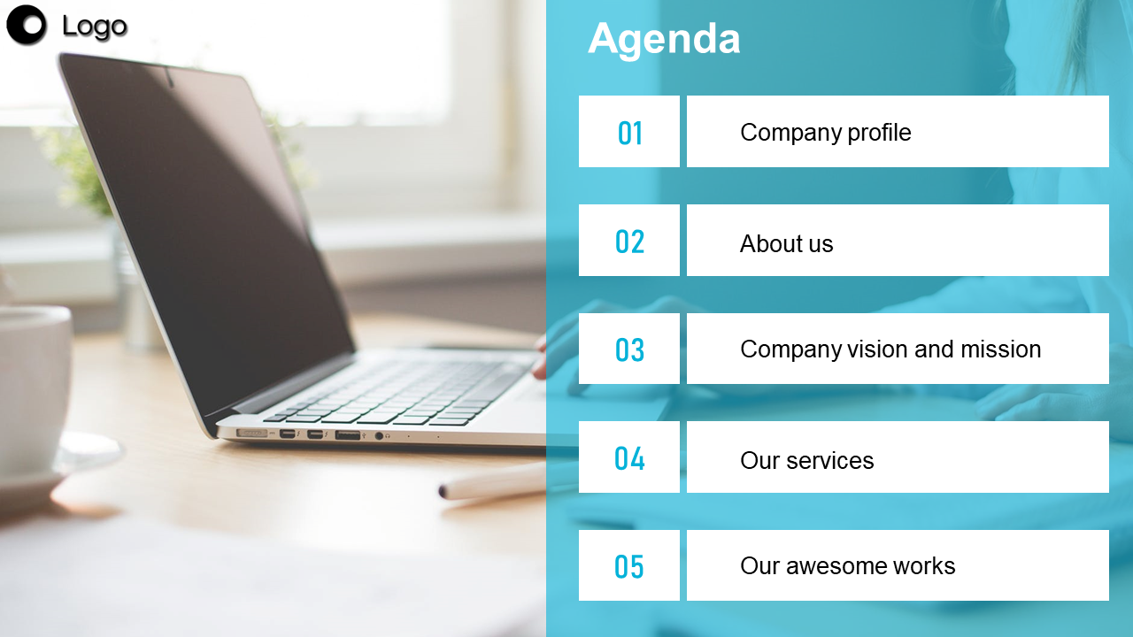 Slide with agenda list on blue overlay, showing five sections next to a blurred laptop image on a wooden desk.