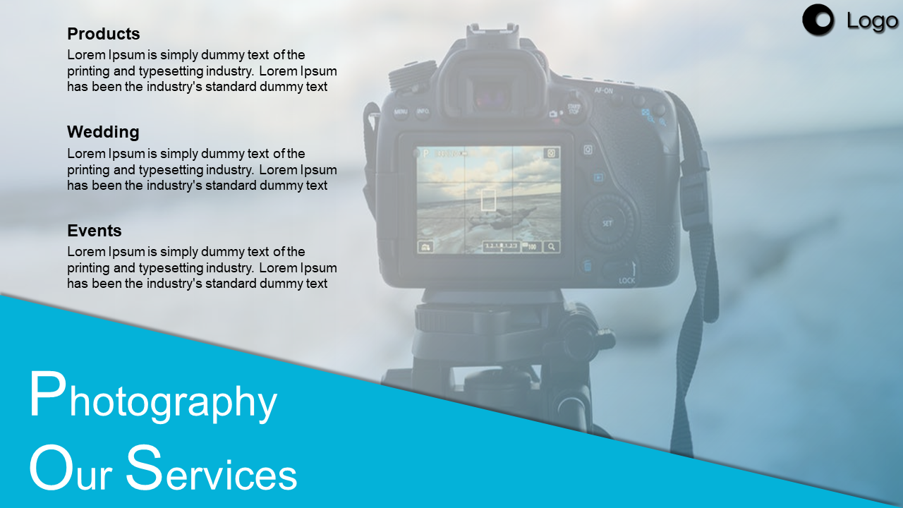 Camera facing ocean background with text listing services, and bold diagonal blue section at bottom featuring title.