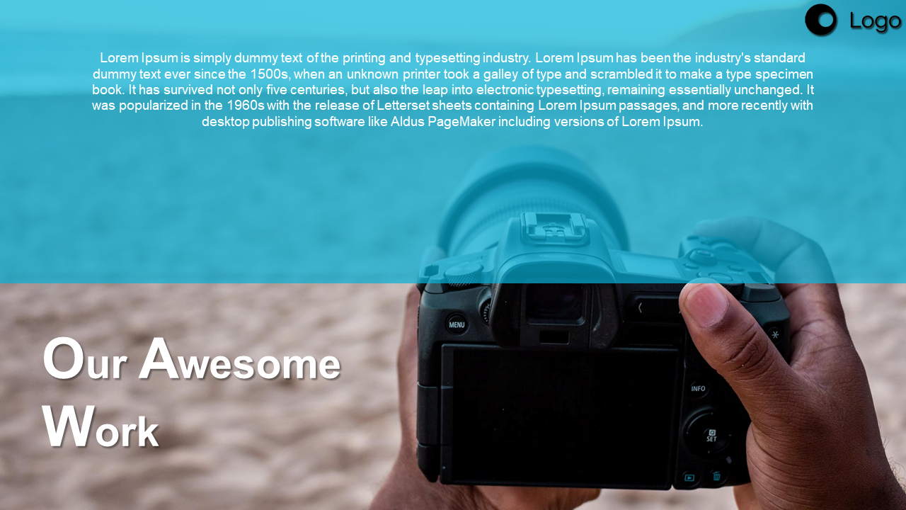Beach background with hands holding a camera, featuring upper blue overlay with text and large white heading in bottom.