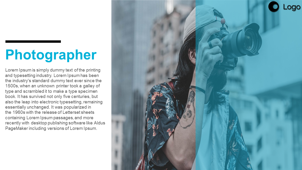 Photographer slide with title, text on left, and image of man with camera on right overlaid with a blue transparent filter.