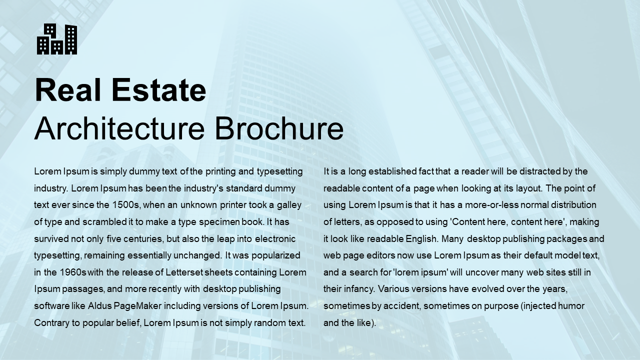 Real estate brochure slide with black headline, dual column text, and light blue overlay on a tall building image.