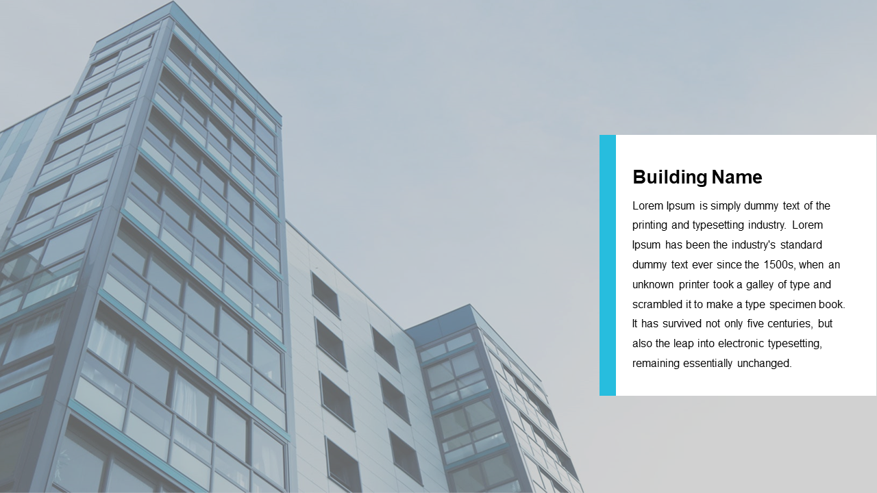 Modern apartment building on left, with white text box on right containing placeholder title and description.
