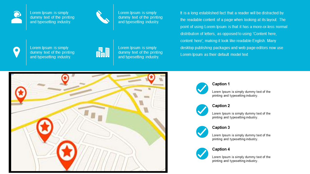 Blue themed slide with contact icons at the top, map with red markers, and four caption items with checkmarks.