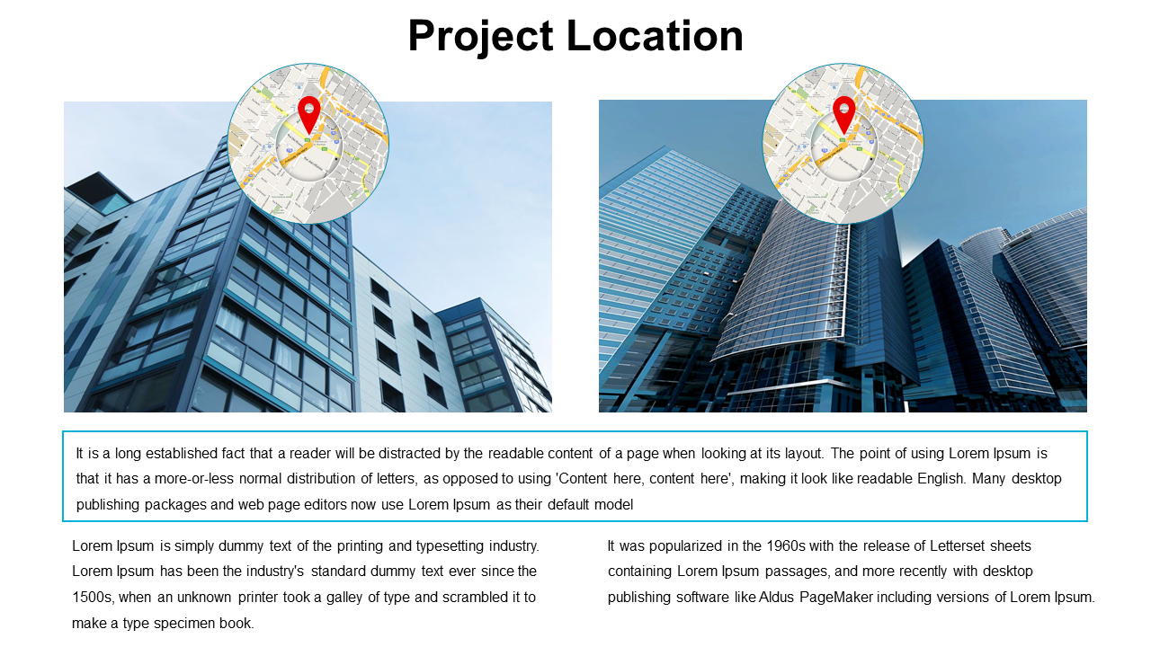 Two modern buildings with location pins above, black title on top, and three blocks of descriptive text at the bottom.