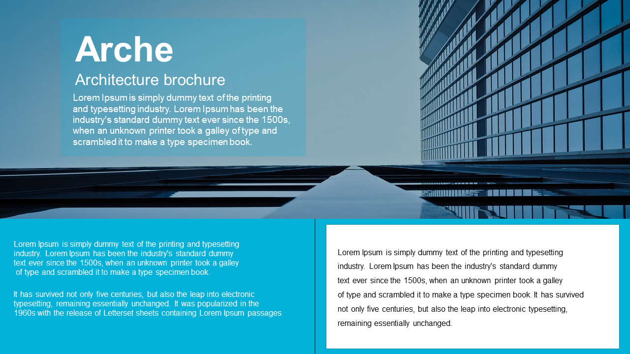 Blue toned slide with angled glass buildings, brochure title and text, and bottom section divided into content blocks.
