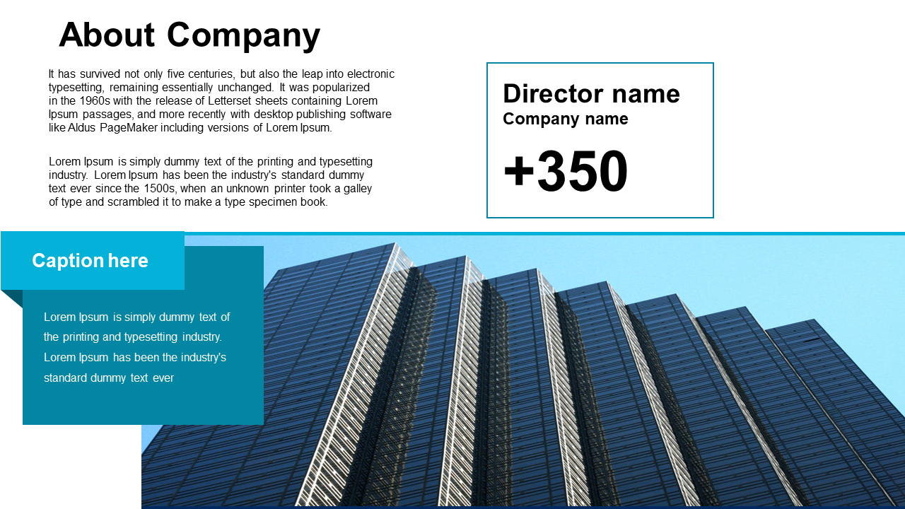 Corporate slide with text, a blue caption area, director info box, and an angled view of glass buildings below.