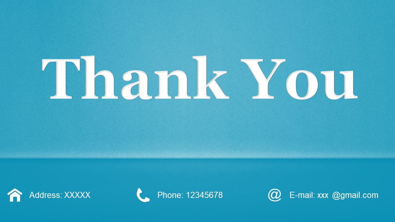 Bold thank you message in white over a soft blue background, with contact details and icons in a footer bar.