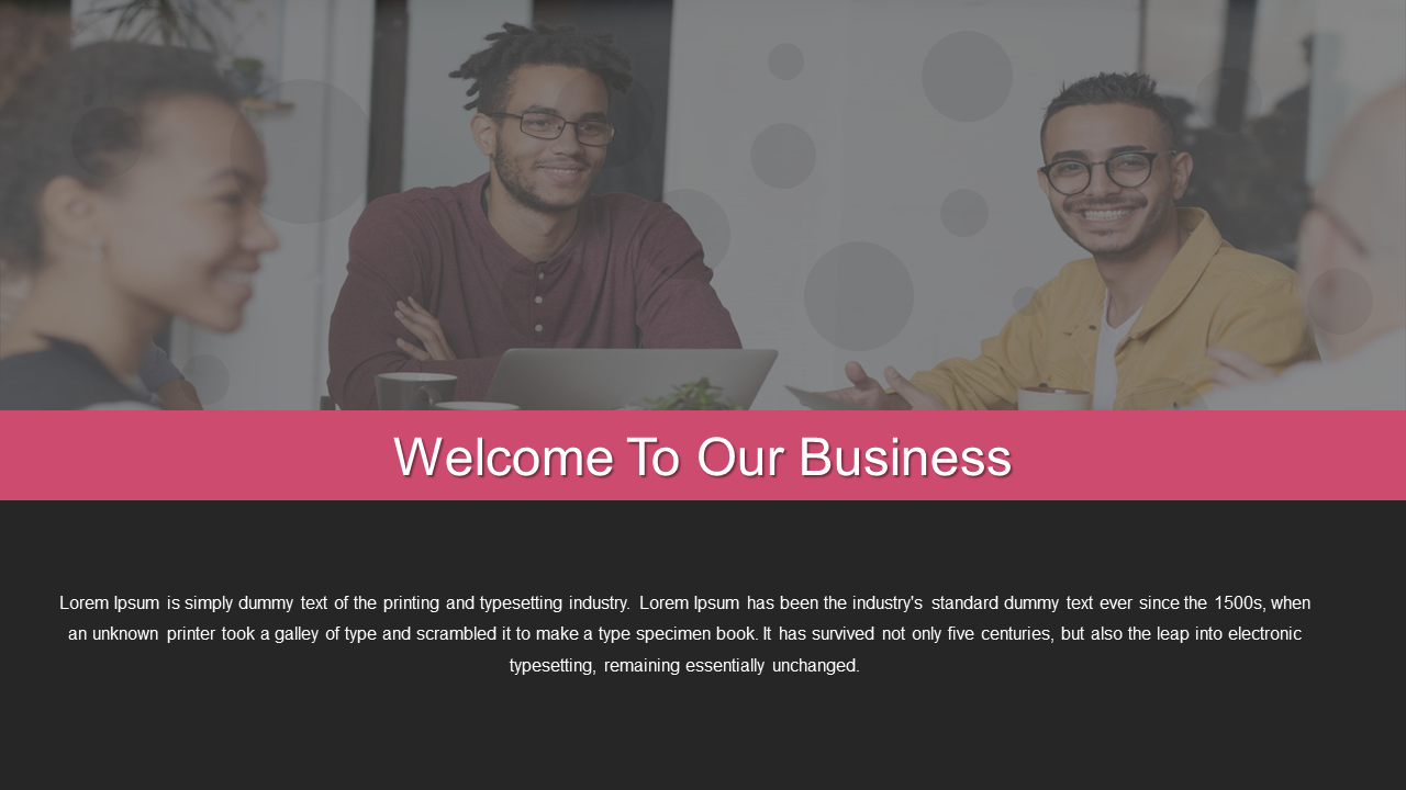 Group of smiling professionals in meeting with pink banner featuring title, and white heading text over dark footer.