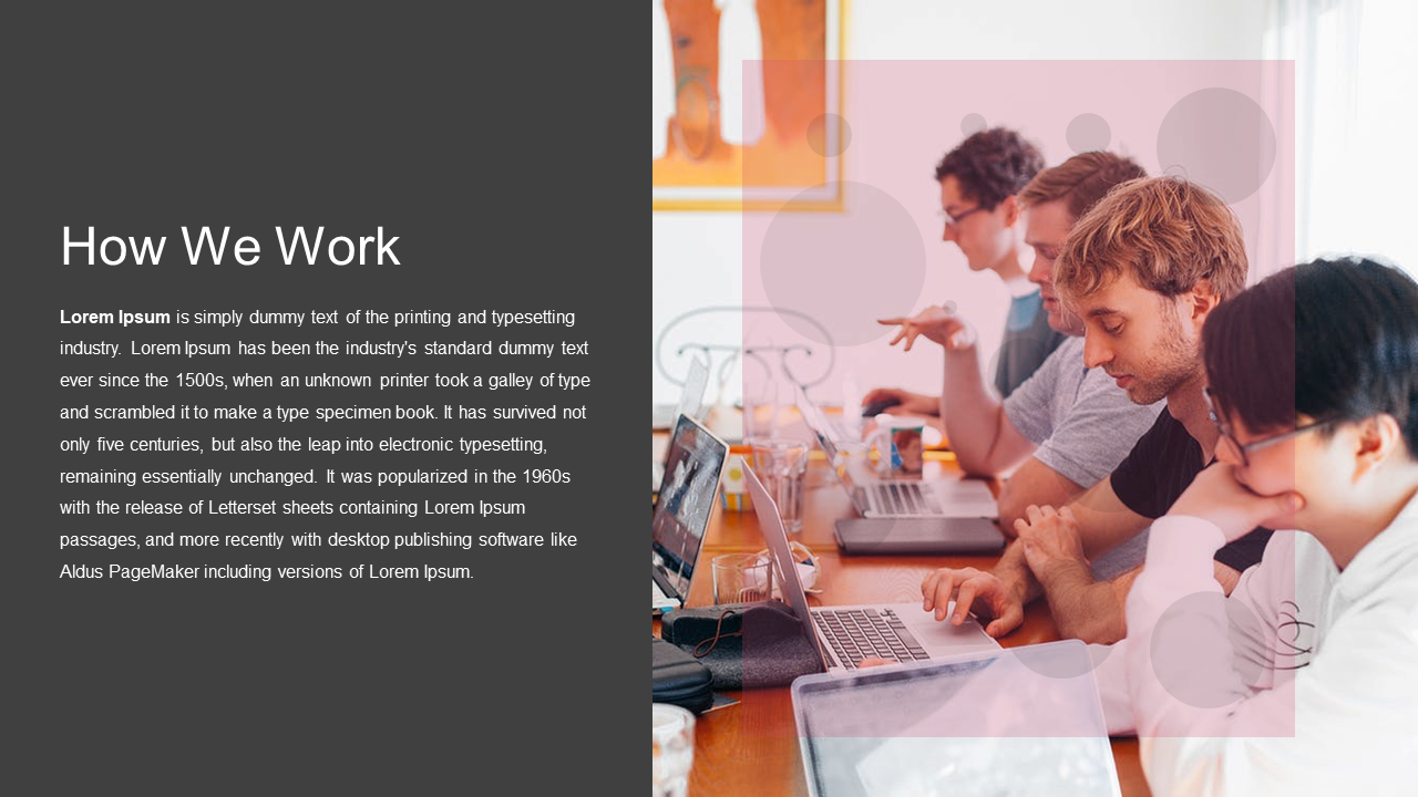 Split layout with dark text panel on left and image of people working on laptops on right, overlaid with pink shapes.