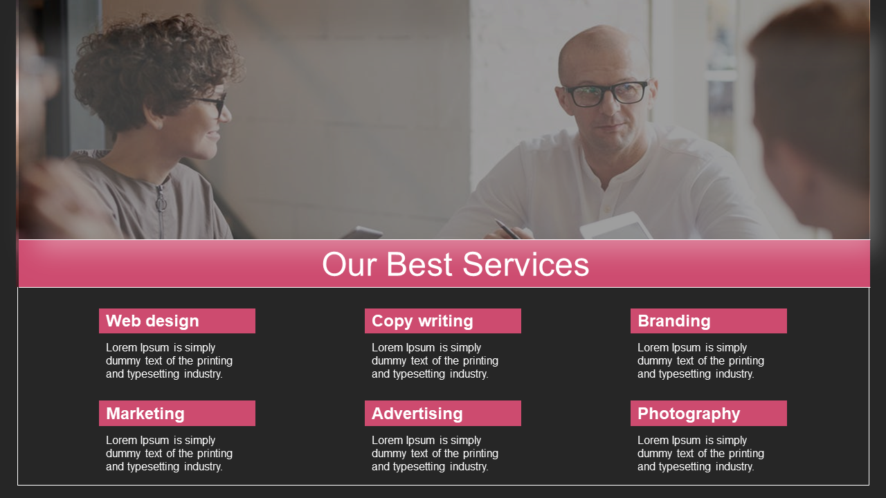 Pink title bar with black background showing six labeled service boxes in two rows and a blurred office meeting photo on top.