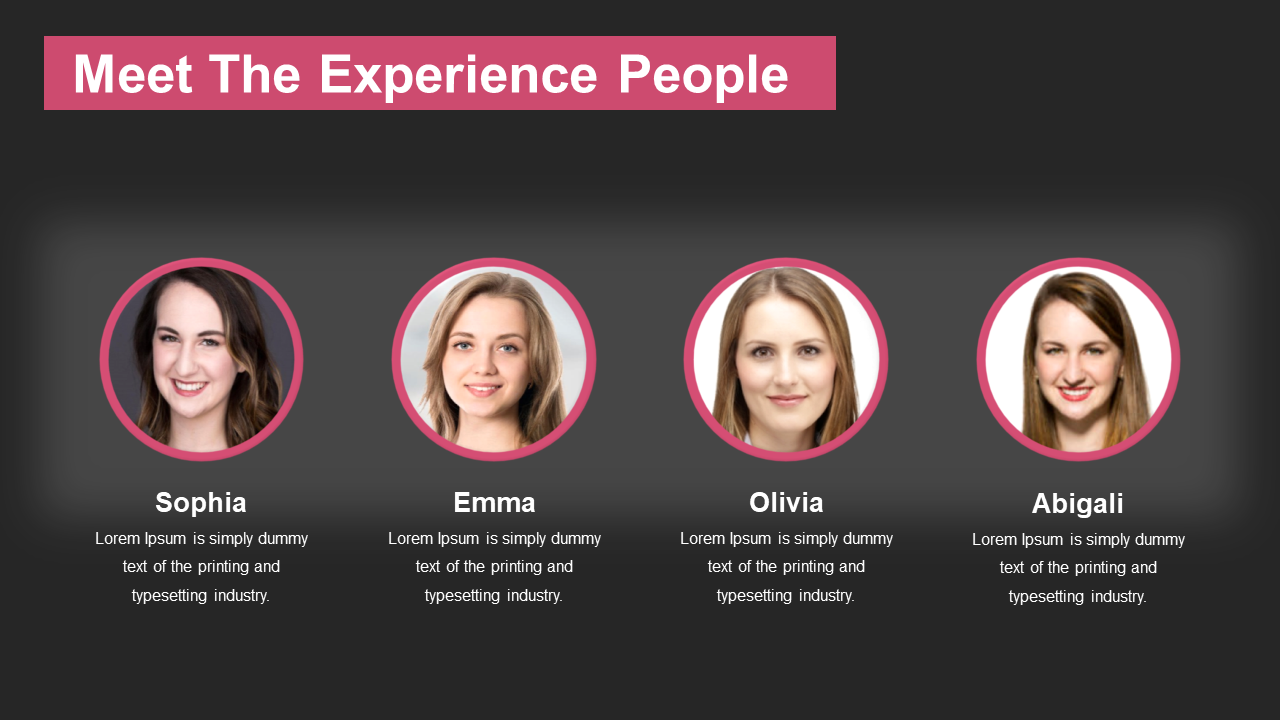 Dark layout with pink header and circular portraits of four women with names and short bios beneath.