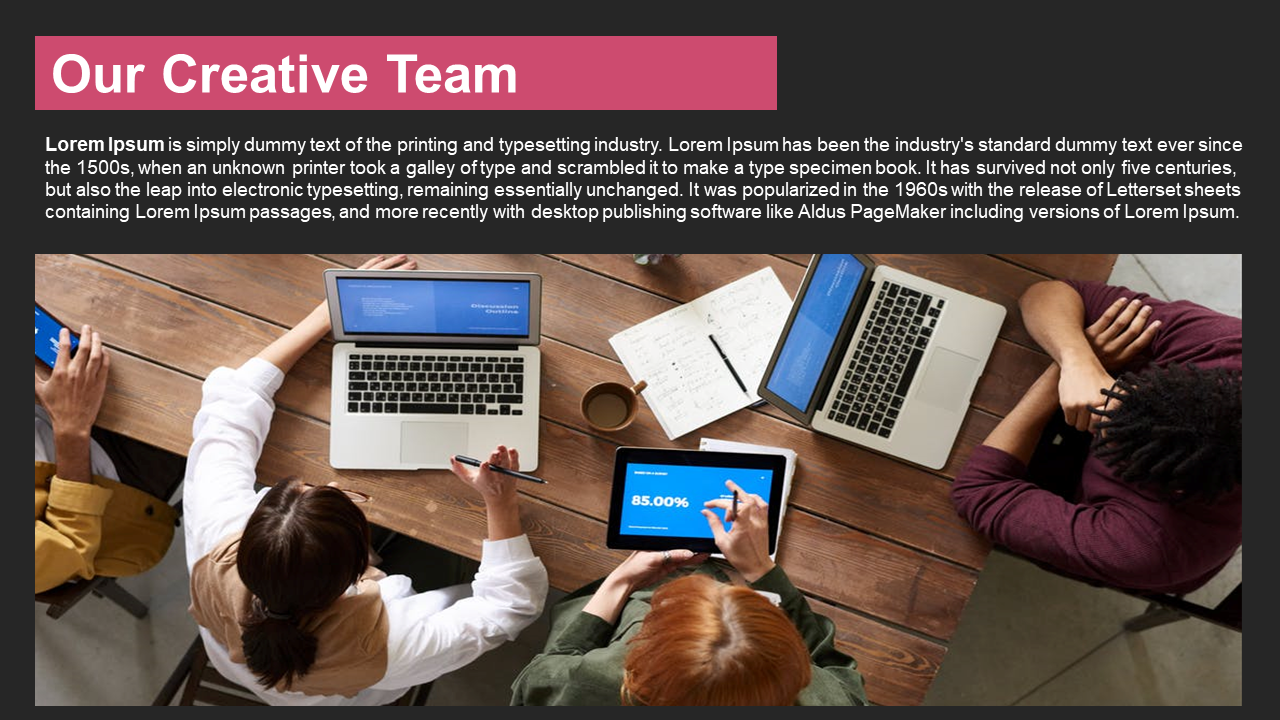 Overhead photo of team using laptops at wooden table, with pink title banner above white paragraph on dark background.