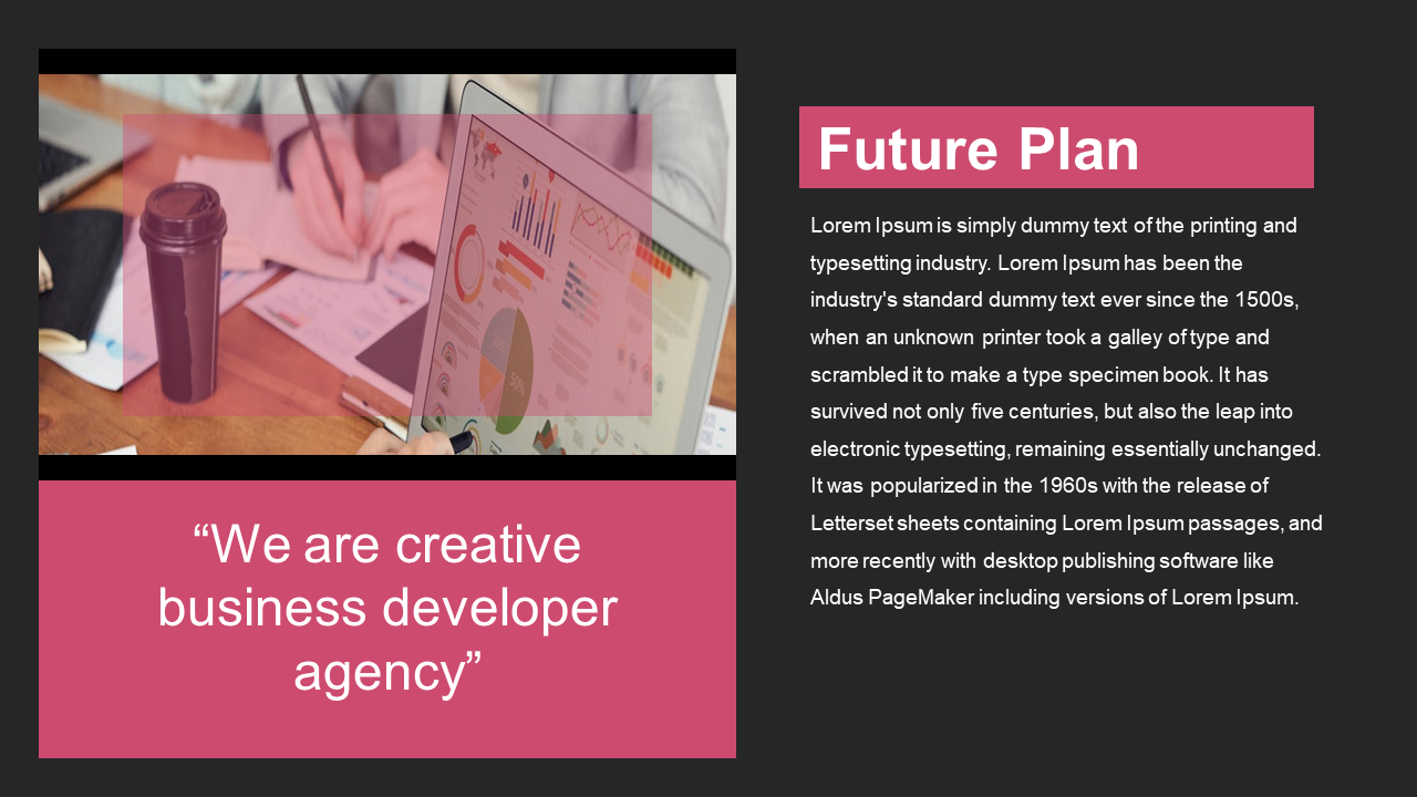 Slide with pink and black layout, featuring a quote over an image of tablet and charts, and text block on the right.