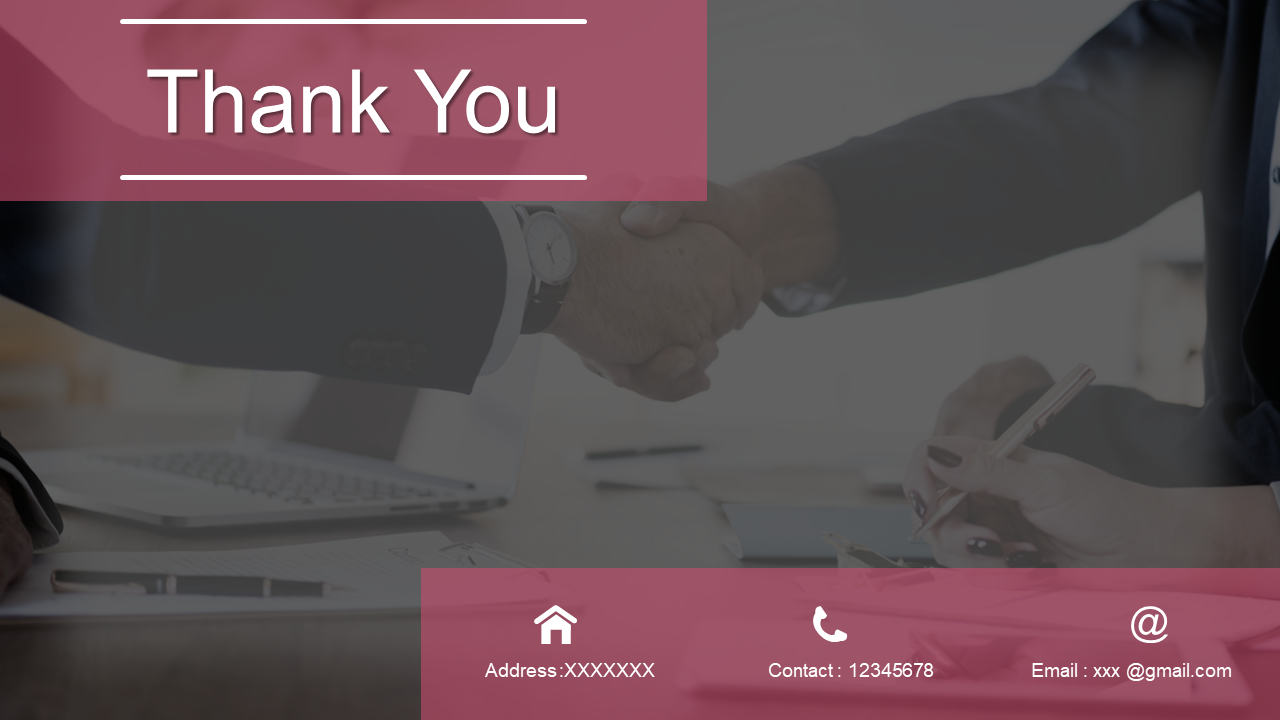 Slide with a blurred handshake photo, bold thank you text, and contact icons in white on a pink footer bar.