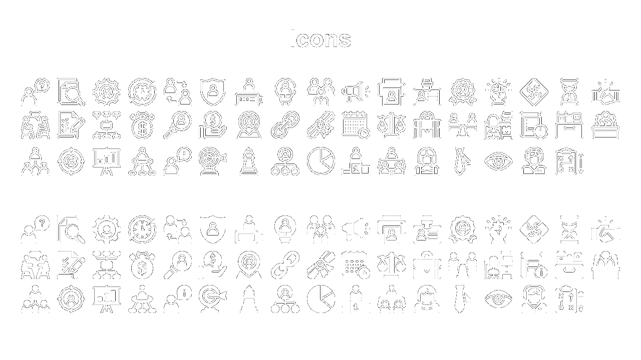 Grid of outlined and filled white business icons on black background, arranged in two sections for visual style contrast.