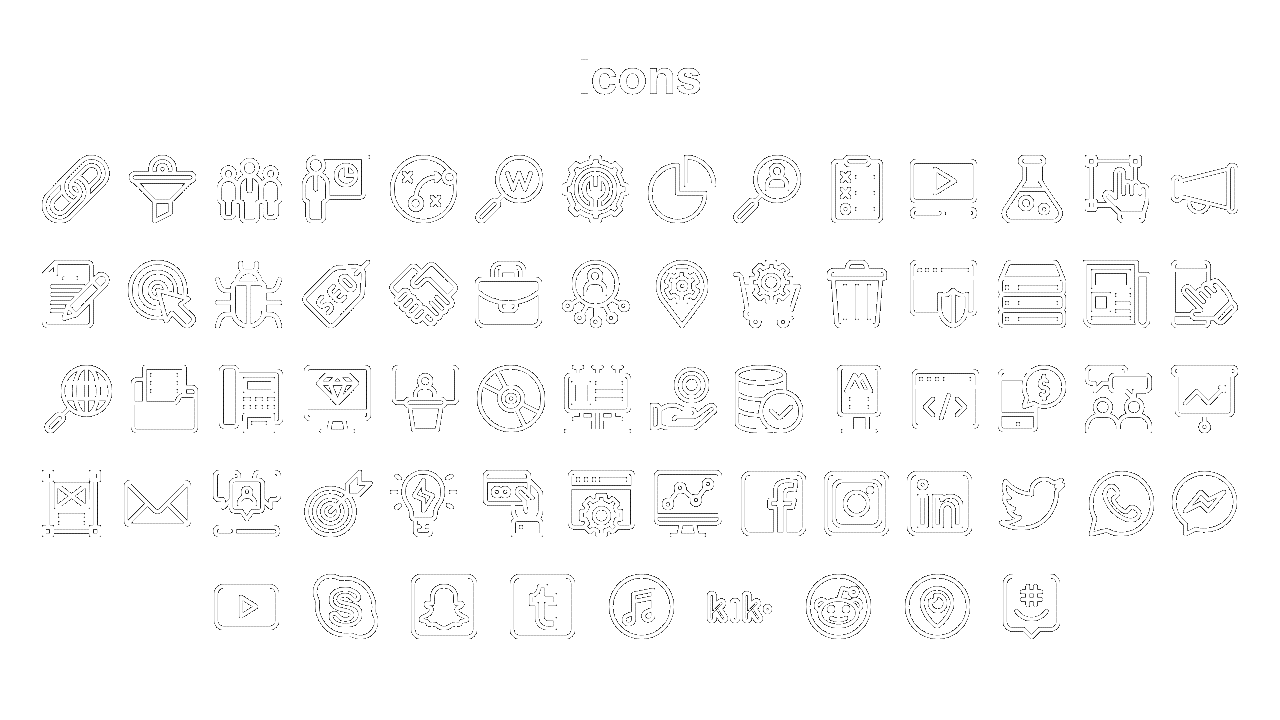 White outlined icons arranged in rows on a black background, including tech, business, and social media symbols.