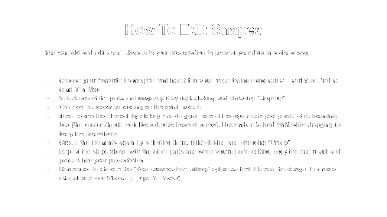 Black background with white instructional text and bullet points explaining how to edit and format shapes in a presentation.