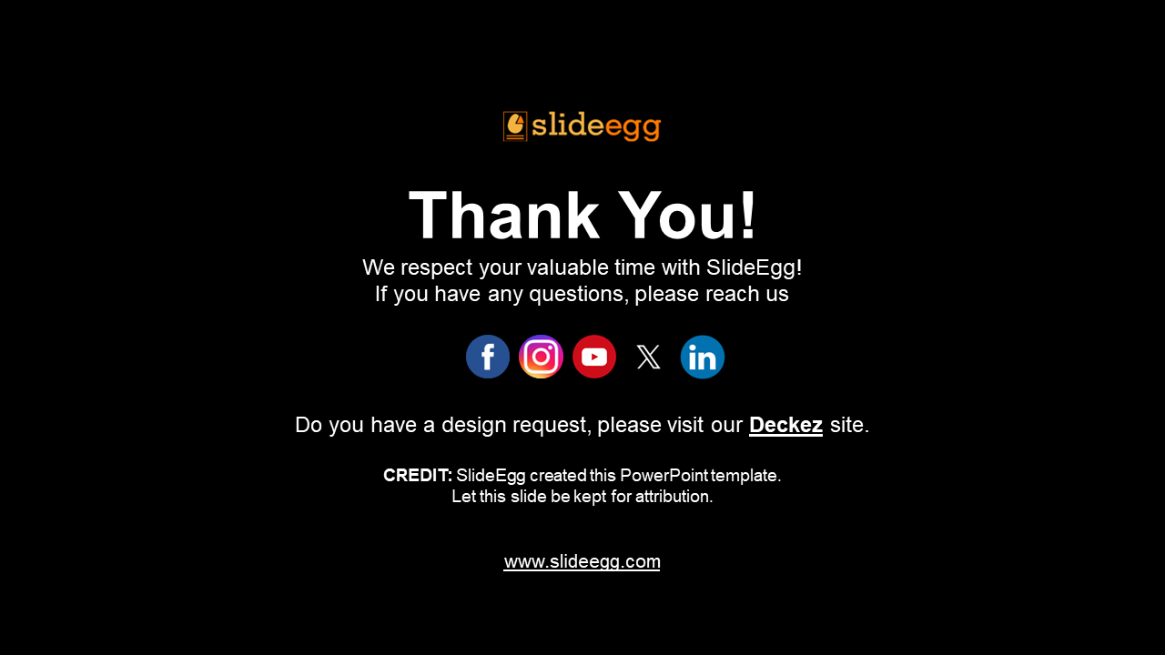 Black background slide with centered thank you text, social media icons, and small white footer text for credits.