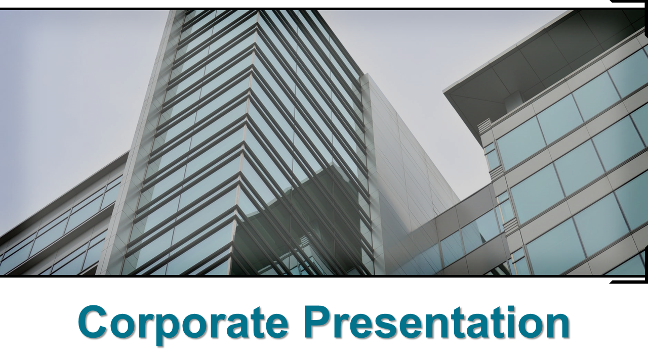 Angled glass building dominates background with bold teal title on white box below, framed with thin black border.