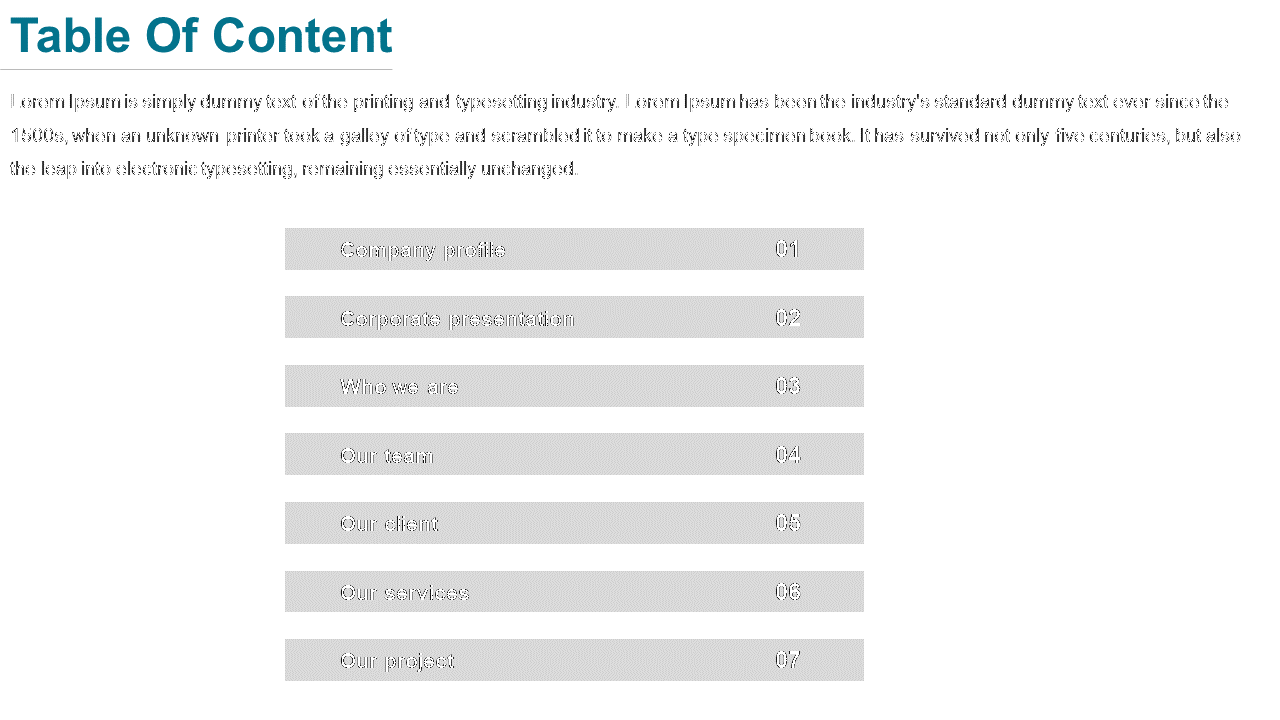 Table of content slide with teal header and seven horizontal grey bars listing sections and numbers in bold black.