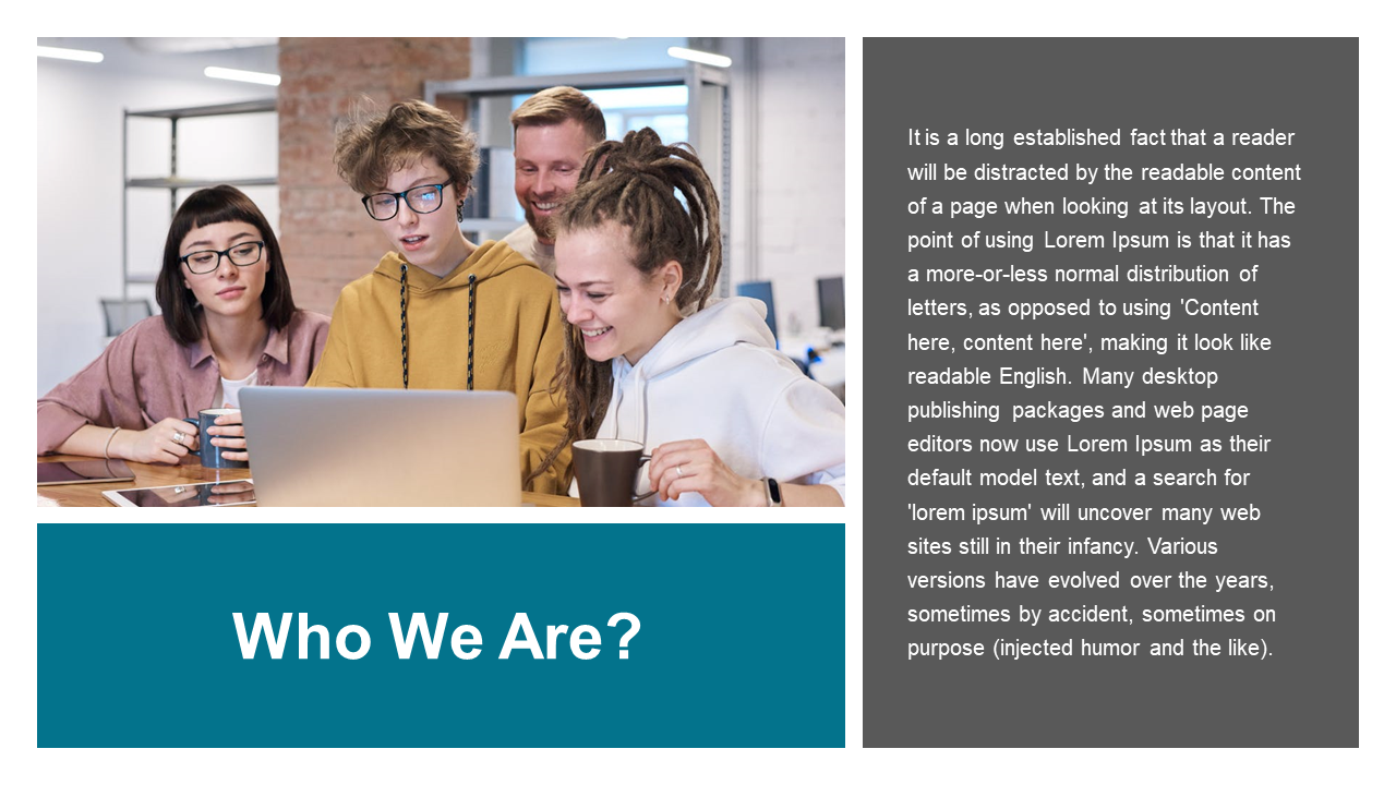 Split layout with left image of team on laptop, right gray text box, and teal banner with bold white text below.