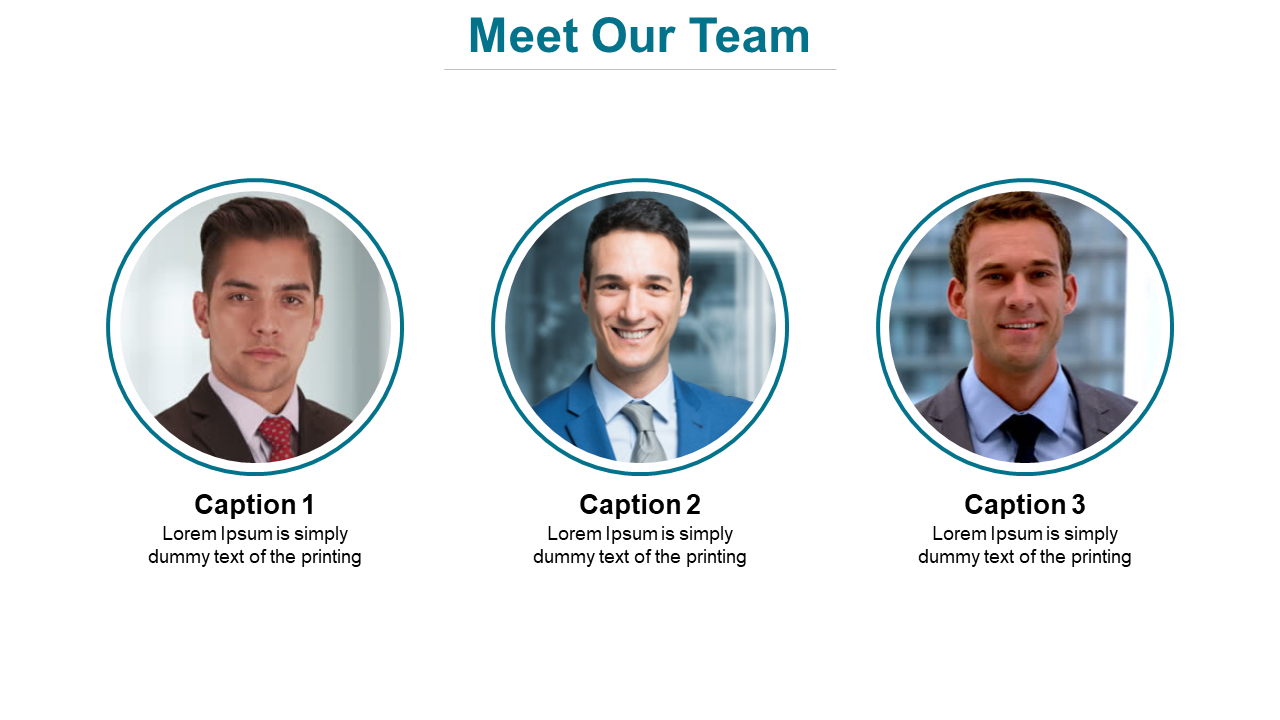 White background with three centered circular portraits bordered in teal, each with a bold caption and subtext.
