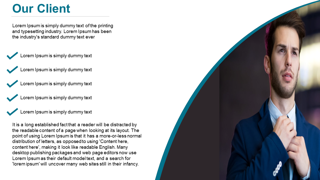Split layout with teal checkmarks and text and a curved teal divider separating from photo of man adjusting tie.