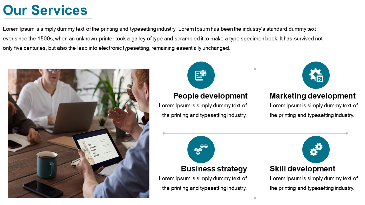 White background with four teal icons in circles in quadrant style layout, and a photo of people collaborating on the left.