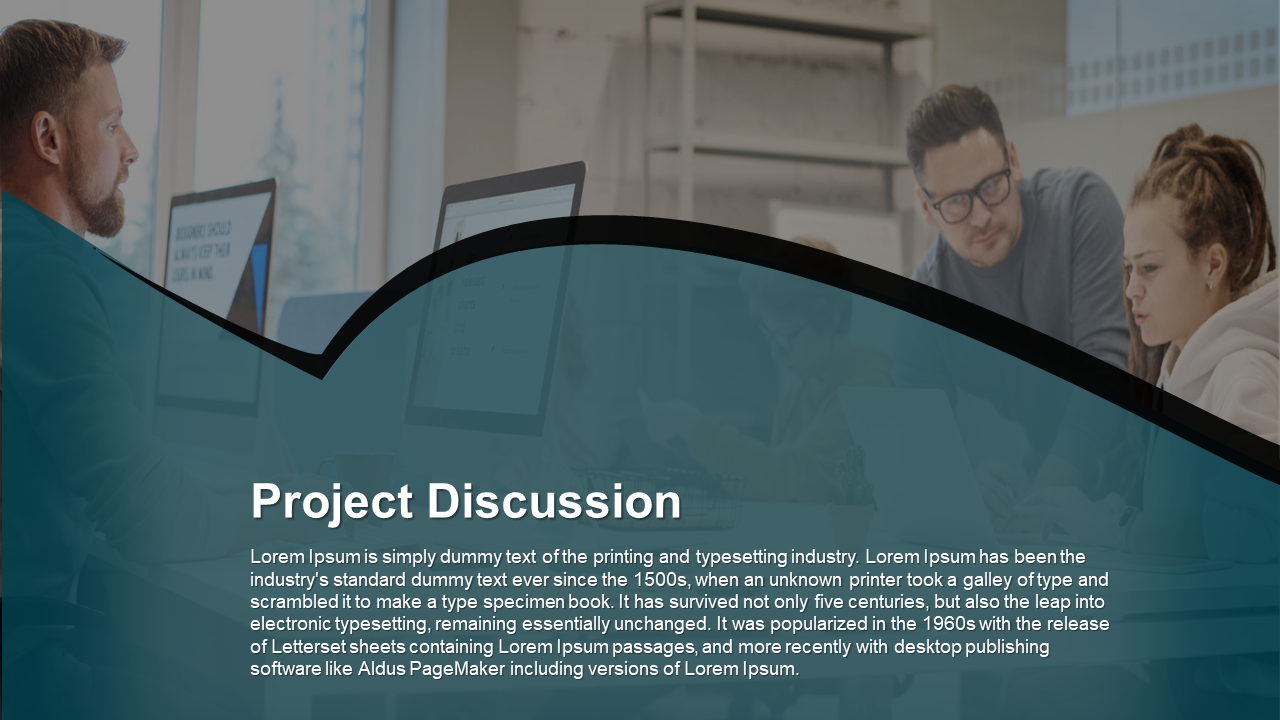 Curved black wave separates an image of office workspace with professionals and a teal overlay with white text below.
