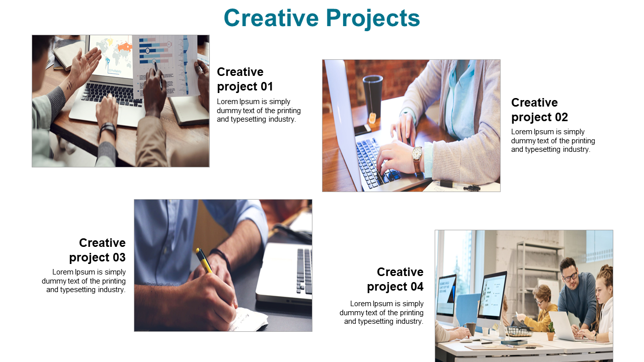 Grid layout with four project photos paired with text blocks, featuring teal heading centered above on a white background.