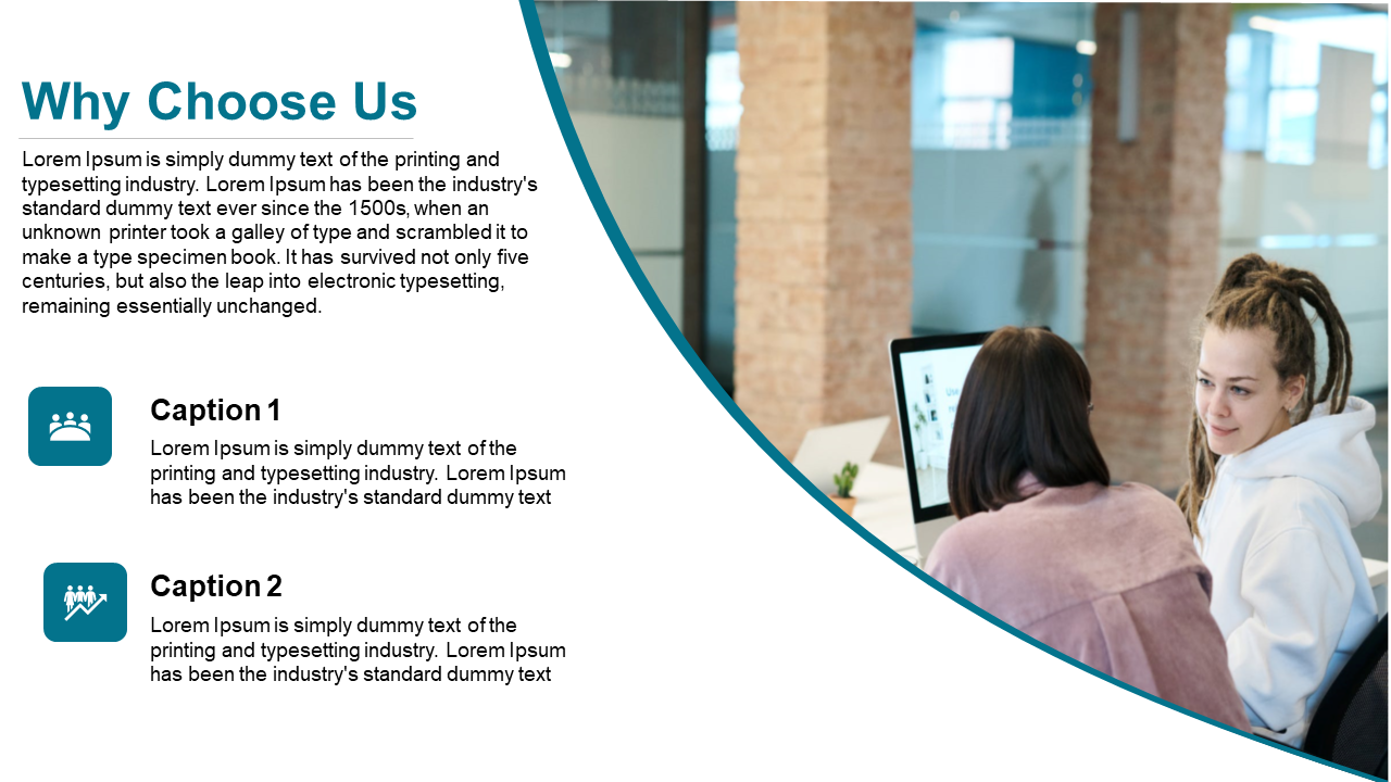 Slide with two teal icons and black text on left and a curved divider leading to photo of two women in a modern office.