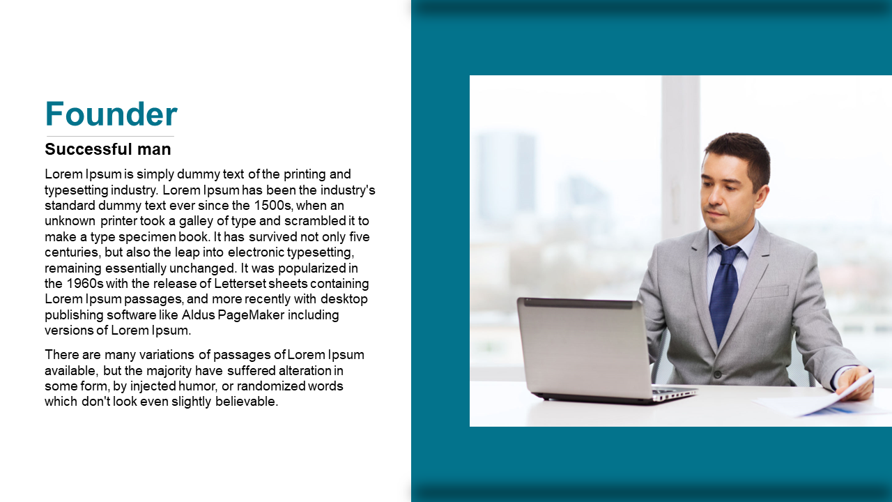 Split layout with white text block on left and rectangular photo of man in gray suit on teal background to the right.