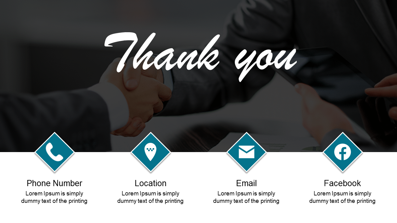Blurred handshake background with bold thank you text and four blue diamond icons for contact details.