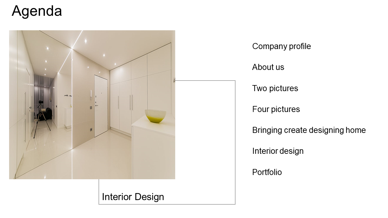 Clean hallway scene with mirrored wall and a green bowl, agenda text listed vertically on the right side.