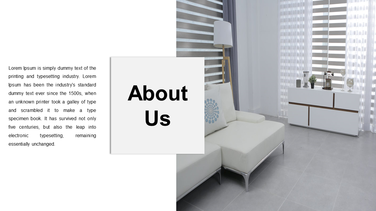 Modern white interior with grey flooring, striped blinds, text block on left, and centered title box overlay.