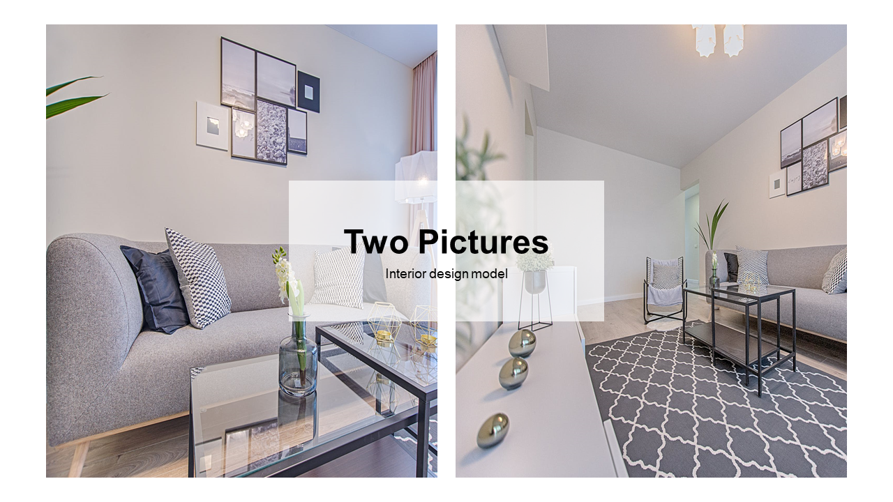 Two pane layout showing modern grey living room with glass tables, patterned rug, and minimal wall frames.