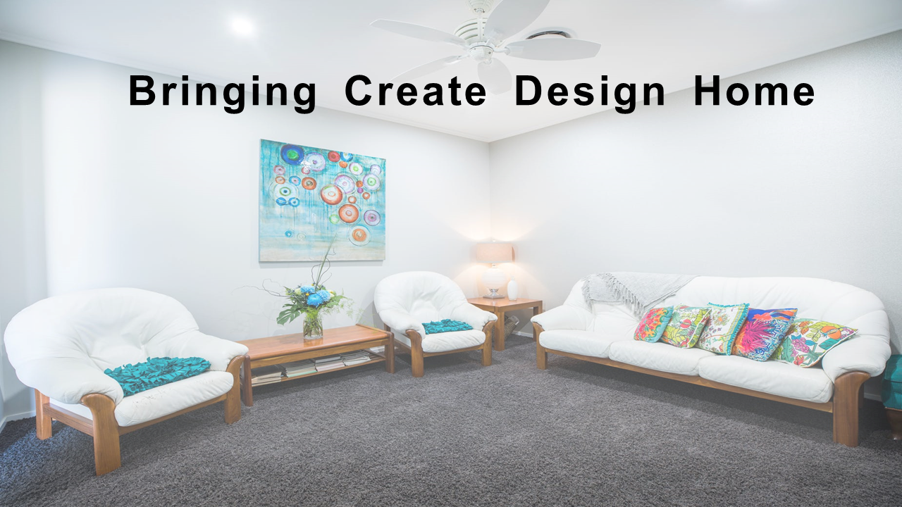 Living room with white curved chairs, wood accents, colorful pillows, and abstract wall art on white and grey background.