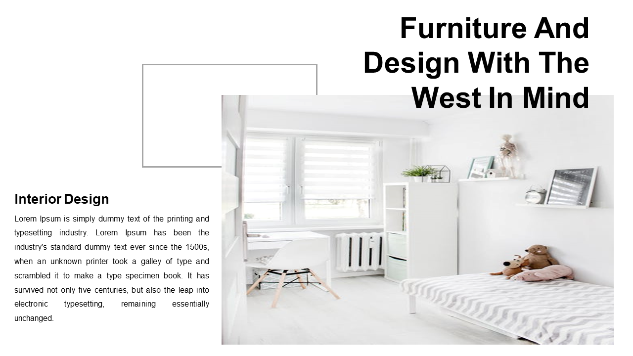 Left aligned text block and right side shows tidy white room with bed and decor, and black title at the top.