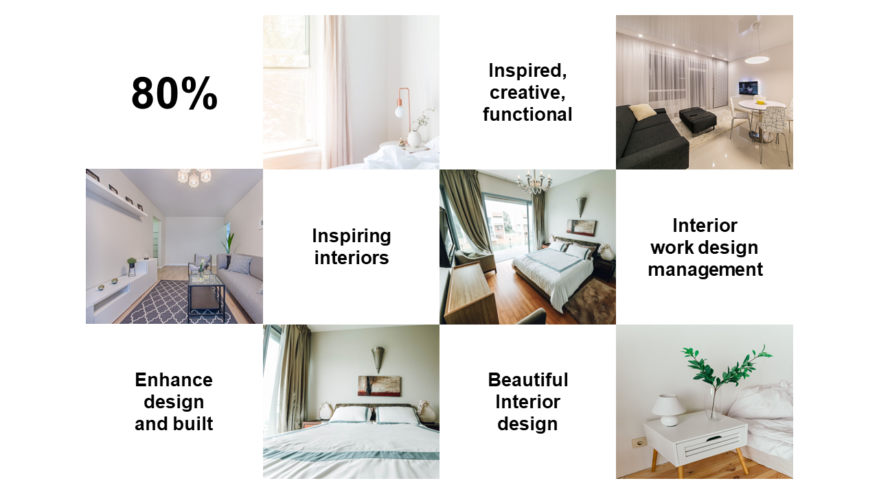 Grid layout with neutral toned interiors in square photo blocks alternating with black text on white background.